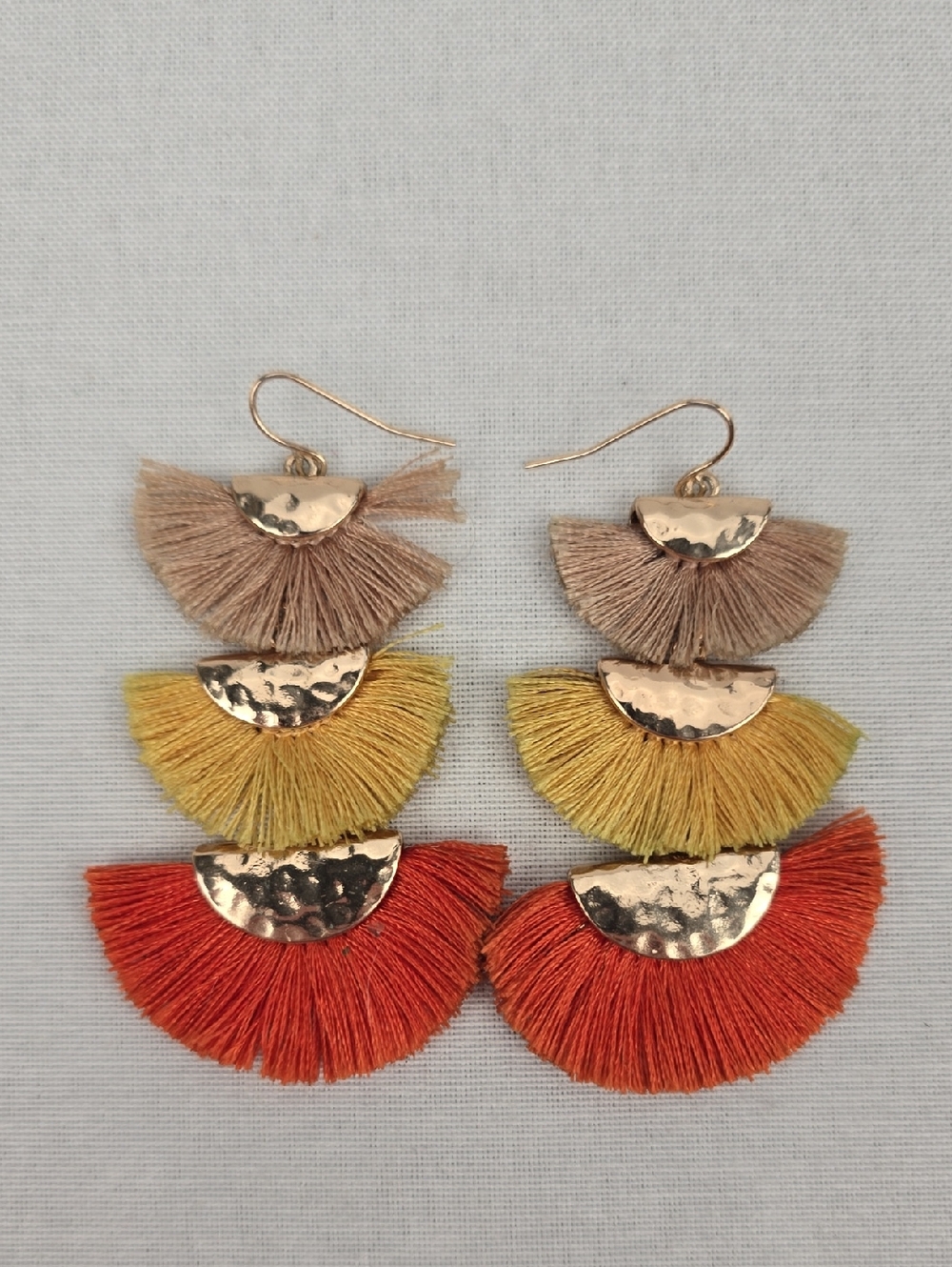 Triple-Tier Fringe Drop Earrings in Tan, Yellow & Orange